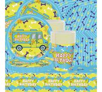 Juego de 61 vajillas de hueso para cachorro, diseño de animales, color amarillo y verde, decoración de fiesta de cumpleaños, cubierta de comedor, papel de regalo, toallas, cartón, para 20 invitados