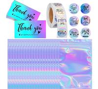 Juego de 630 tarjetas de agradecimiento y calcomanías con 30 bolsas de embalaje resellables, 500 calcomanías de rollo de negocios pequeños, 100 tarjetas de agradecimiento para negocios (holográficas)