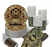 Juego de 68 platos y vasos de papel negro y dorado para 16 invitados, Great Gatsby rugiendo de los años 20, decoración de mesa para cumpleaños de Gatsby de los años 20