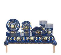 Juego de 69 decoraciones de 90 cumpleaños azul marino y dorado, mantel de feliz 90 cumpleaños, platos de papel, servilletas, servilletas y tazas para decoración de mesa de 90 cumpleaños para mujeres,