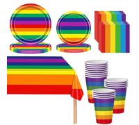 Juego de 69 piezas de vajilla de fiesta arcoíris, vajilla de fiesta arcoíris, platos de papel arcoíris, servilletas, vasos y mantel para cumpleaños de niños, vajilla LGBTQ de colores para suministros