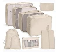 Juego de 7/8/9 piezas, bolsas de almacenamiento de viaje, organizador de artículos de tocador plegable para el hogar, para ropa, zapatos, equipaje, cubo, maleta, bolsa ordenada-9 Uds. Beige