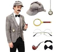 Juego de 7 Accesorios para Disfraz de Detective, Accesorios de Disfraz de Sherlock Holmes con Sombrero de Detective, Gafas de Bigote Falso, Pajarita con Lupa para Carnaval, Cosplay Halloween Fiesta
