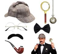 Juego de 7 accesorios para disfraz de detective, accesorios para disfraz de Sherlock Holmes, con sombrero de detective, lupa, gafas para hombre, barba, detective, cosplay para niños, adultos, cosplay