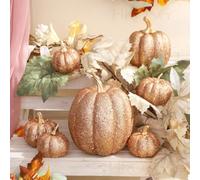 Juego de 7 calabazas decorativas con purpurina dorada para exhibiciones de otoño, plástico ligero para centros de mesa de Acción de Gracias y Halloween, decoración del hogar (cobre antiguo)