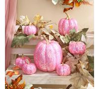 Juego de 7 calabazas doradas con purpurina, calabazas de plástico con lentejuelas metálicas para decoración del hogar de otoño, accesorios de exhibición de cosecha, centros de mesa de Acción de