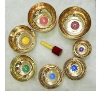 Juego de 7 cuencos tibetanos budistas tibetanos hechos a mano de latón puro con palitos de madera para cantar
