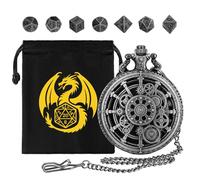 Juego de 7 dados DND de metal poliédrico, mini D&D, con funda de reloj de bolsillo Steampunk, bolsa de regalo DND con logotipo de dragón, MTG, juego de rol, accesorios para juegos de mesa, color