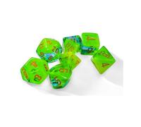 Juego de 7 dados luminarios de plasma verde y verde azulado con números naranjas, 16 mm, Chessex