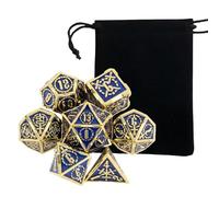 Juego de 7 Dados Metálicos de Doble Espada Azul Dorado, Dados Poliédricos, Compatibles con Juegos de rol de Mesa y Cartas