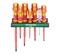 Juego de 7 destornilladores aislados y buscapolos con soporte de WIESEMANN 1893 I Aprobado por la VDE | Destronilladores para electricistas I Planos y PH I 80218