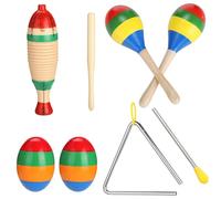 Juego de 7 instrumentos de percusión latina, kit musical rítmico colorido de madera y acero para adultos y principiantes, incluye 2 guiros con mazo, 2 maracas, 2 agitadores de huevos, 1 triángulo con