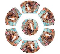 Juego de 7 manteles individuales de cuña de PVC con diseño de caballo y flores de cuento de hadas para mesa redonda, resistentes al calor, con centro de mesa, manteles individuales lavables y
