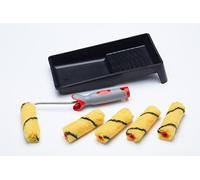 Juego de 7 minirrodillos de pintura tejidos de 4 pulgadas, marco de agarre suave y bandeja ProDec para un acabado suave al pintar con pinturas de emulsión en paredes y techos interiores, 4".