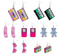 Juego de 7 pendientes retro estilo Y2K - Elementos años 80/90 (casete, teléfono abatible, gafas de corazón) - Regalo nostalgia para fiesta, regalo para mujer/niña, accesorios con encanto