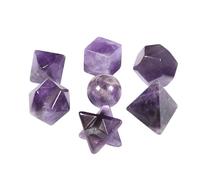 Juego de 7 piezas de amatista, colección de geometría de cristal natural, kit de cristales curativos, geometría sagrada, sólidos platónicos, juego geométrico, piedras pulidas, colección de especímenes