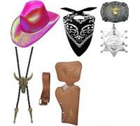 Juego de 7 piezas de disfraz de vaquero para hombre, disfraz de sheriff, traje occidental con sombrero de vaquero, bandana, funda, cinturón de vaquero, corbata, collar de sheriff, insignia para
