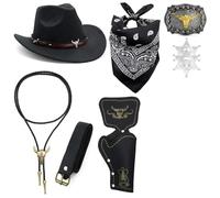 Juego de 7 piezas de disfraz de vaquero para hombre, disfraz de sheriff, traje occidental con sombrero de vaquero, bandana, funda, cinturón de vaquero, corbata, collar de sheriff, insignia para