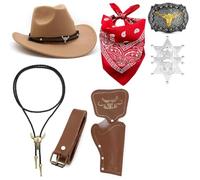Juego de 7 piezas de disfraz de vaquero para hombre, disfraz de sheriff, traje occidental con sombrero de vaquero, bandana, funda, cinturón de vaquero, corbata, collar de sheriff, insignia para