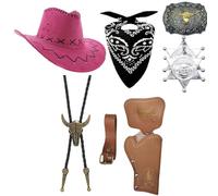 Juego de 7 piezas de disfraz de vaquero para hombre, disfraz de sheriff, traje occidental con sombrero de vaquero, bandana, funda, cinturón de vaquero, corbata, collar de sheriff, insignia para