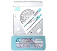 Juego de 7 piezas de geometría matemática, juego de matemáticas de geometría escolar con herramienta de metal, goma de borrar cuadrada, caja transportadora, suministros de arte