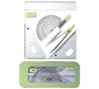 Juego de 7 piezas de geometría matemática, juego de matemáticas de geometría escolar con herramienta de metal, goma de borrar cuadrada, caja transportadora, suministros de arte