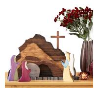 Juego de 7 piezas de madera para tumba de Pascua con escena de tumba vacía pintada a mano y cruz | Decoración clásica de Pascua cristiana, expositor de madera en capas para encimera, mesa, estantería