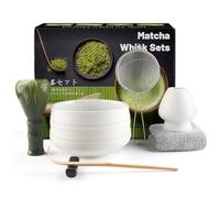 Juego de 7 piezas de matcha de resina verde, juego de té macha con cuchara matcha, soporte para batidor, escoba matcha, pala, colador, accesorios matcha, ceremonia de té japonesa, blanco mate