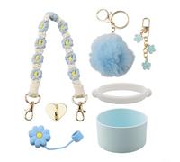 Juego de 7 portavasos de silicona con correa de mano y colgante de bola de lana para tazas de agua de 40 onzas y 30 onzas, accesorios de llavero de flores coloridas para bolsas y llaves (negro)