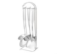 Juego de 7 utensilios de cocina de acero inoxidable con soporte que ofrece espátula wok, múltiples cucharas ranuradas y sólidas, y espátula ranurada adecuada para diferentes métodos de cocción