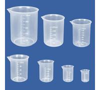 Juego de 7 vasos de plástico graduados y vasos de precipitados de plástico, 10 ml, 25 ml, 50 ml, 100 ml, 150 ml, 250 ml, 500 ml, ideal para bricolaje y laboratorio de ciencias
