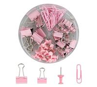 Juego de 72 clips de encuadernación rosa 4 en 1, caja redonda, juego de 20 chinchetas, 30 clips, 15 clips ciegos pequeños, 7 clips grandes para ciegos, juego de suministros de oficina, clips de papel