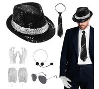 Juego de 8 accesorios para disfraz de MJ, bailarina de los años 80, con sombrero de lentejuelas de jazz, guantes, calcetines, cabeza, micrófono, corbata, gafas de sol, disfraz de rey del pop para