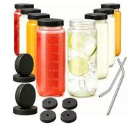 Juego de 8 Botellas de Vidrio 500ml con Tapas y Pajitas de Cristal - Botellas Reutilizables Herméticas para Zumos, Smoothies, Café, Leche, Bubble Tea y Agua (8 Piezas)