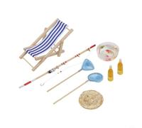 Juego de 8 cañas de pescar en miniatura, incluye silla de madera con sombrero de paja azul, cuenco de pescado y cerveza para decoración de tartas de jardín de gnomos y casa de muñecas de plástico