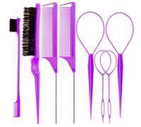 Juego de 8 cepillos para el cabello con 4 herramientas Topsy para cola de pelo, 1 cepillo de cerdas para el cabello, 1 cepillo de control de bordes, 2 peines de cola de rata de metal para peinar el