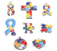 Juego de 8 colgantes de concienciación sobre el autismo, dijes de joyería de bricolaje, pieza de rompecabezas colorida de aleación de zinc para collares, llaveros y accesorios