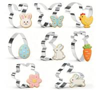 Juego de 8 cortadores de galletas de Pascua - Conejo, pollito, zanahoria, huevo, conejo saltando, mariposa y flores - Cortador de galletas de acero inoxidable para hornear y fondant