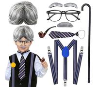 Juego de 8 disfraces para abuelo, disfraz de Halloween para niños, pelucas grises, bigote, cejas, gafas, bastón para caminar, gafas, tirantes para niños, accesorio de disfraz