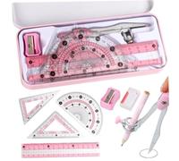 Juego de 8 herramientas de geometría de brújula, práctico transportador y brújula con transportador, reglas y más, kit de dibujo con caja de metal para herramientas matemáticas en el aula.
