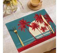 Juego de 8 Manteles Individuales Costa Tropical Retro Salvamanteles Individuales Lavable, Resistente al Calor Silueta De Palmera Manteles de Lino Decoración de Mesas, Burdeos