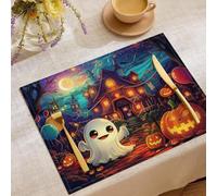 Juego de 8 Manteles Individuales De Vintage para Halloween, Fantasma Globo Castillo,Lavable, Elementos De Halloween,Decoración De Mesa para Interiores Exteriores