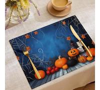 Juego de 8 Manteles Individuales Decorativos Elementos De Halloween Telaraña Calabaza Estrella Lavables,para Cocina Comedor Restaurante Navidad, Azul Marino (45 X 30 cm)