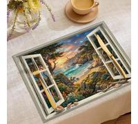 Juego de 8 Manteles Individuales Vista De Ventana 3D Salvamanteles Individuales Lavable, Resistente al Calor Puesta De Sol En La Costa Rocosa Manteles de Lino Decoración de Mesas, Marrón