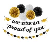 Juego de 8 pancartas de decoración para fiestas, color blanco y negro, dorado - Guirnalda de gorras, serpentinas, pompones de papel, flores, "We are So Proud of You" Lasting Sorprise