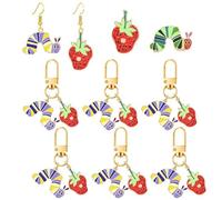 Juego de 8 pares de aretes de fresa de oruga muy hambrienta, llavero y broche para mujer, divertidos aretes de oruga verde, llavero lindo de joyería estética de animales, Grande, Acero aleado, Sin