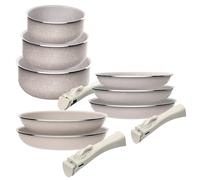 Juego de 8 pcs: 5 sartenes Ø18Ø20Ø24cm(x2) Ø28cm y 3 Cacerolas Ø16Ø18Ø20cm en aluminio prensado con revestimiento ILAG con 2 mangos extraibles