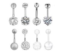Juego de 8 piercings de ombligo de acero inoxidable con circonita de doble cabeza para ombligo, perforados, color plateado, talla única, Metal, No es una piedra preciosa