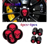 (Juego de 8 piezas) 4 piezas de calaveras para cubierta central de buje de rueda de coche, 4 piezas de calaveras para cubierta de válvula de buje de rueda y decoración de coche