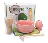 Juego de 8 piezas de matcha, kit tradicional de matcha rosa con batidor de matcha, soporte para batidor, cuenco, cuchara, soporte para cucharas, tamiz de polvo, cuchara de té y paño, juego completo de